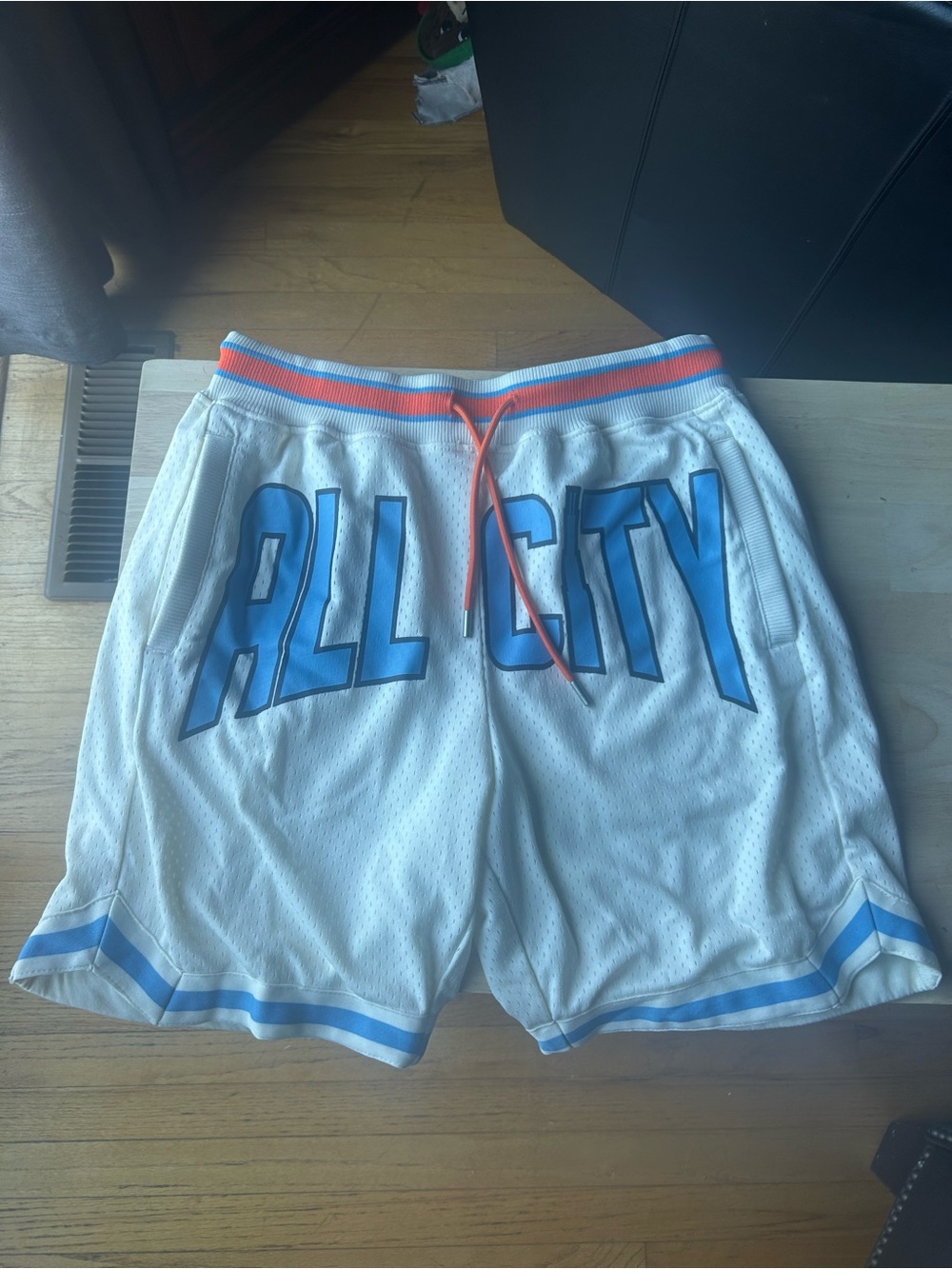Just Don Men’s White Basketball Shorts with Blue and Orange Trim